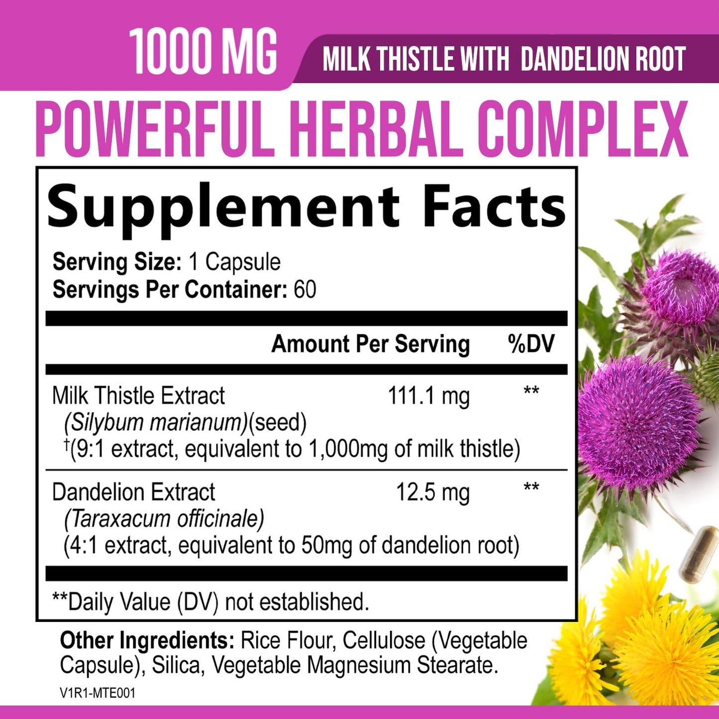Milk Thistle Supplement 1000mg Equivalent - Liver Health Support with Dandelion Root & Silymarin Marianum (9:1 Extract) - 60 Capsules