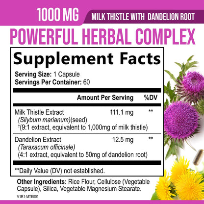 Milk Thistle Supplement 1000mg Equivalent - Liver Health Support with Dandelion Root & Silymarin Marianum (9:1 Extract) - 60 Capsules