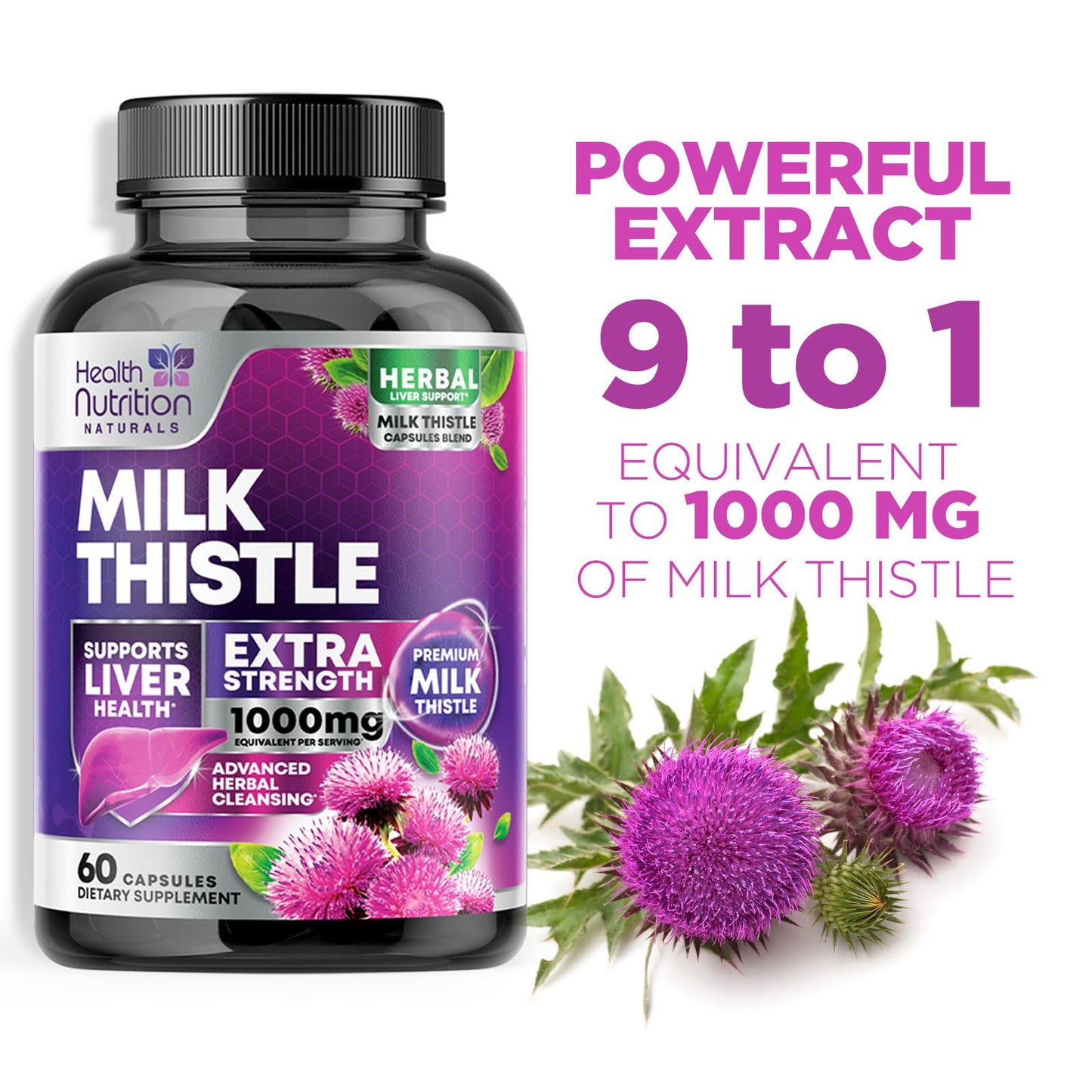 Milk Thistle Supplement 1000mg Equivalent - Liver Health Support with Dandelion Root & Silymarin Marianum (9:1 Extract) - 60 Capsules