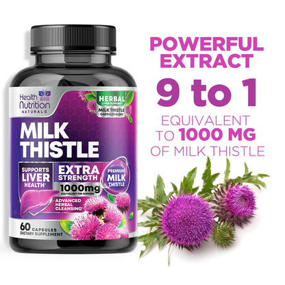 Milk Thistle Supplement 1000mg Equivalent - Liver Health Support with Dandelion Root & Silymarin Marianum (9:1 Extract) - 60 Capsules