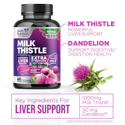 Milk Thistle Supplement 1000mg Equivalent - Liver Health Support with Dandelion Root & Silymarin Marianum (9:1 Extract) - 60 Capsules