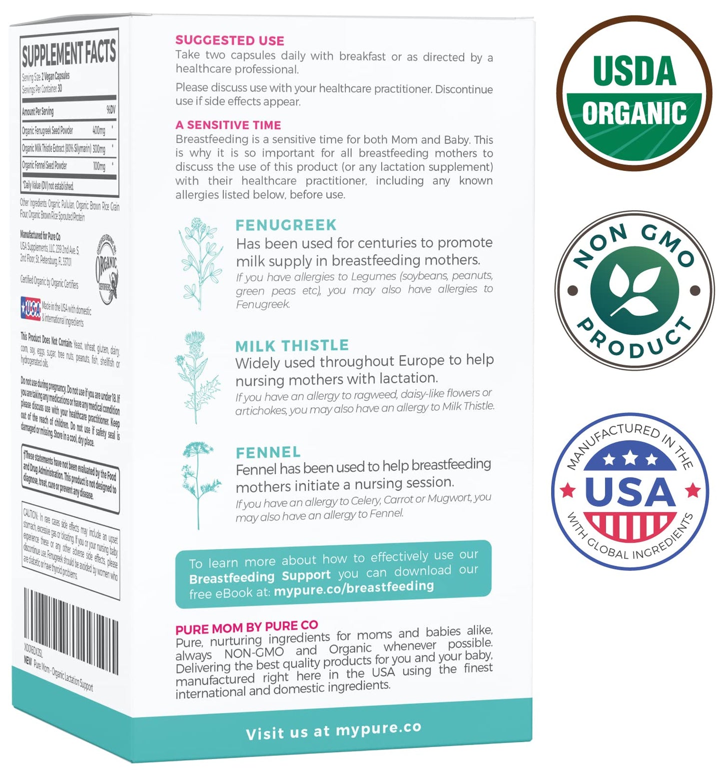 USDA Organic Lactation Supplement - Fenugreek, Fennel & Milk Thistle | 60 Vegan Capsules