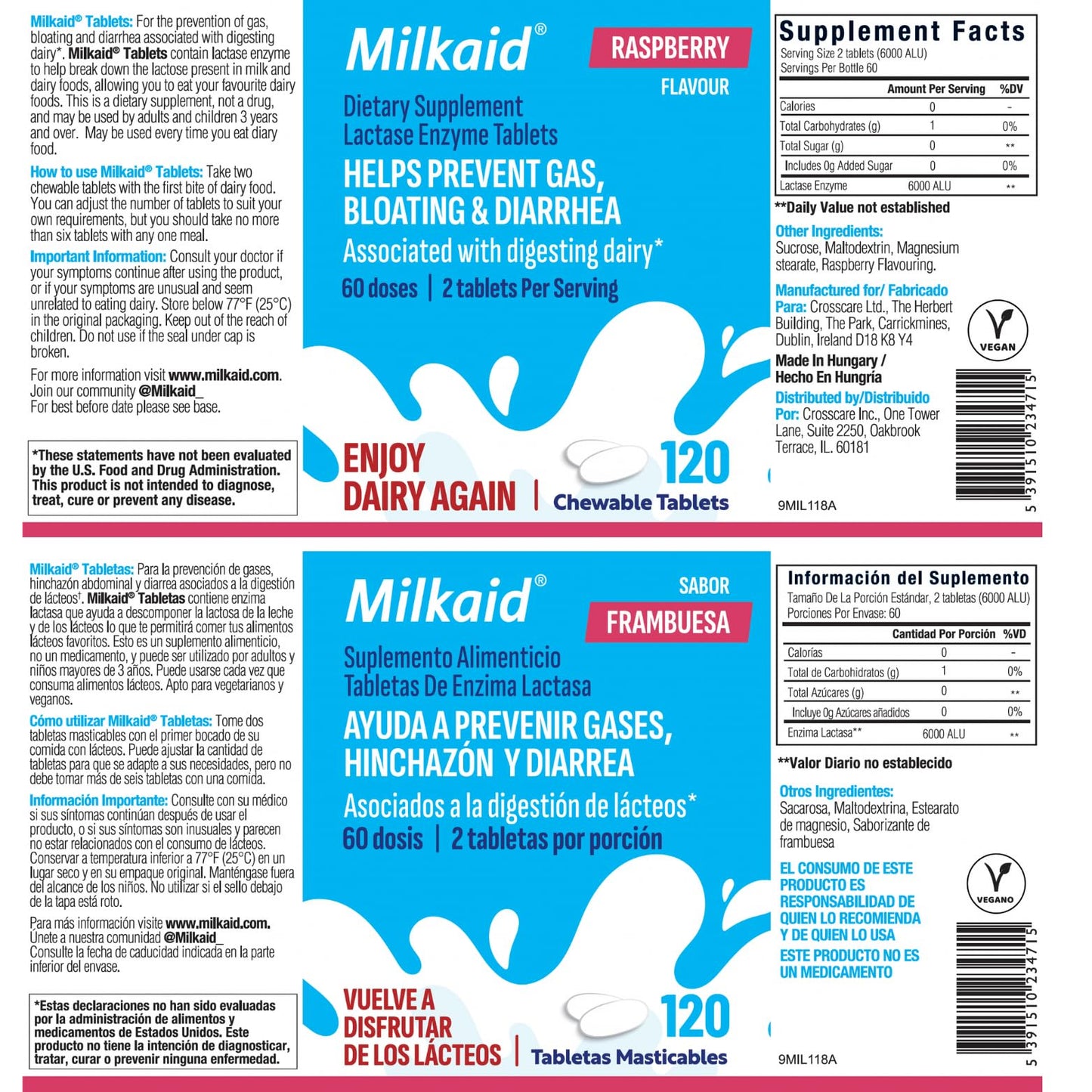Milkaid Lactase Chewables – Lactose Intolerance Relief | Fast Acting Dairy Digestive Supplement (120 Tablets, Raspberry)
