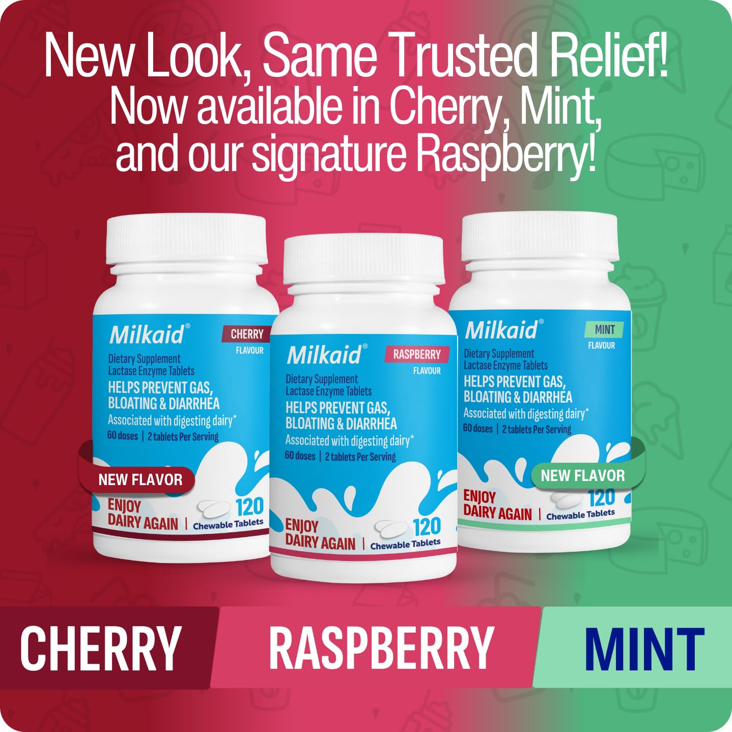 Milkaid Lactase Chewables – Lactose Intolerance Relief | Fast Acting Dairy Digestive Supplement (120 Tablets, Raspberry)