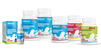 Milkaid Lactase Chewables – Lactose Intolerance Relief | Fast Acting Dairy Digestive Supplement (120 Tablets, Raspberry)