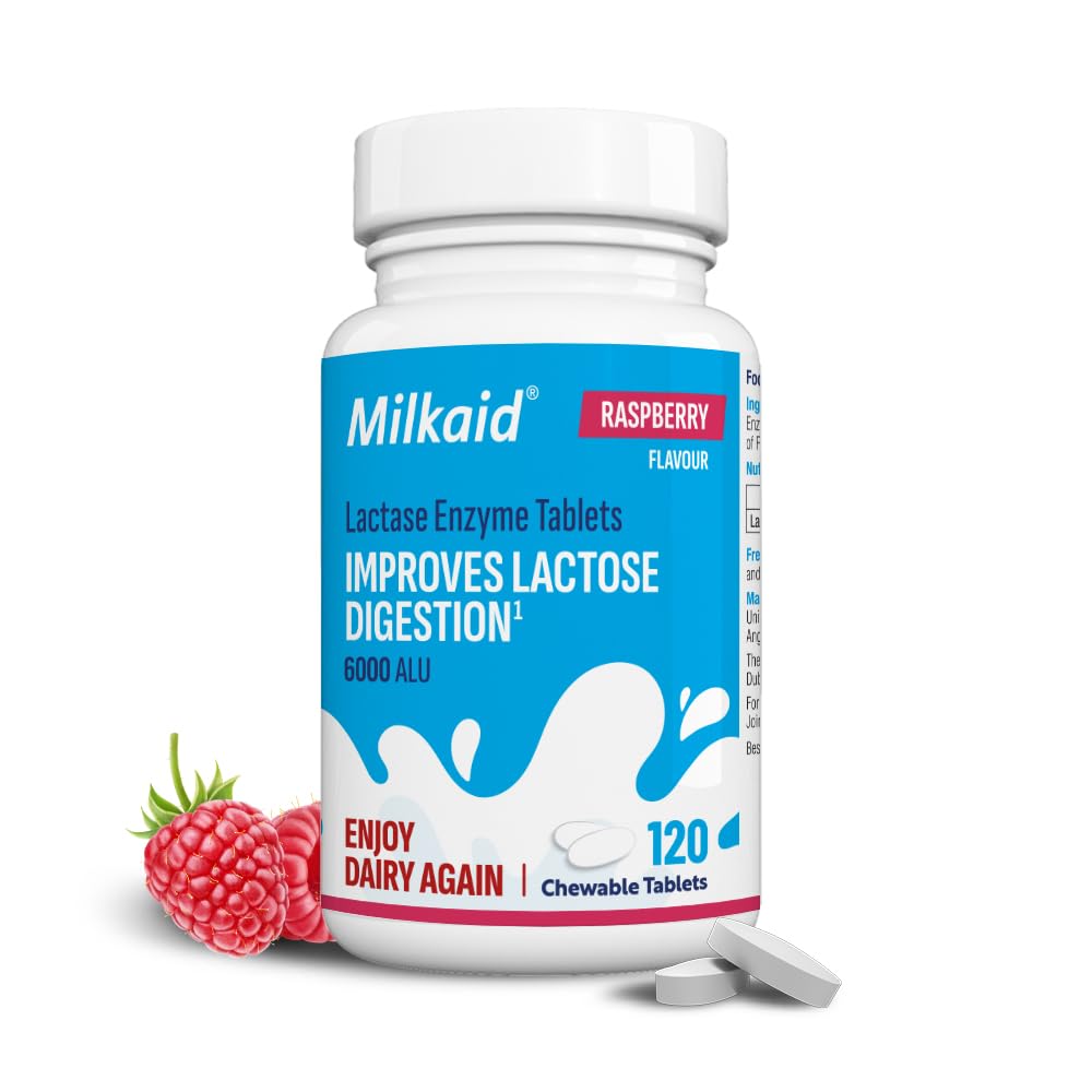 Milkaid Lactase Chewables – Lactose Intolerance Relief | Fast Acting Dairy Digestive Supplement (120 Tablets, Raspberry)