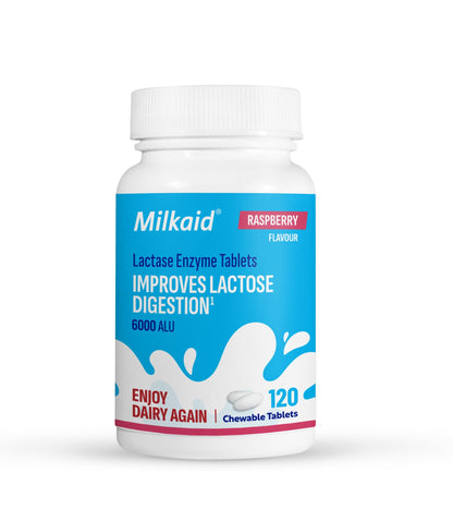 Milkaid Lactase Chewables – Lactose Intolerance Relief | Fast Acting Dairy Digestive Supplement (120 Tablets, Raspberry)