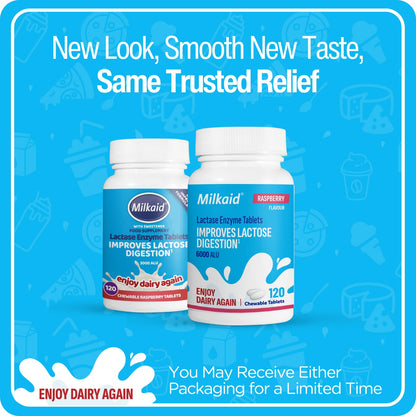 Milkaid Lactase Chewables – Lactose Intolerance Relief | Fast Acting Dairy Digestive Supplement (120 Tablets, Raspberry)