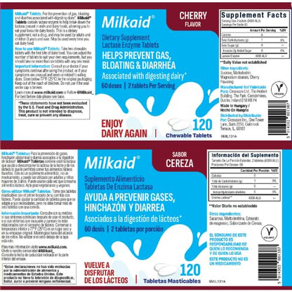 Milkaid Lactase Enzyme Chewable Tablets – Cherry, 120 Tablets | Lactose Intolerance Relief