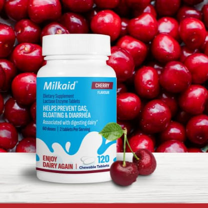 Milkaid Lactase Enzyme Chewable Tablets – Cherry, 120 Tablets | Lactose Intolerance Relief