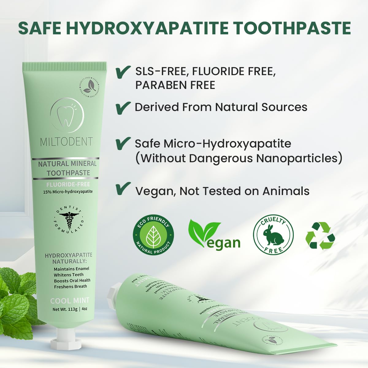 Hydroxyapatite Toothpaste MILTODENT 15% Micro-Hydroxyapatite – Fluoride-Free, SLS-Free, Foam-Free