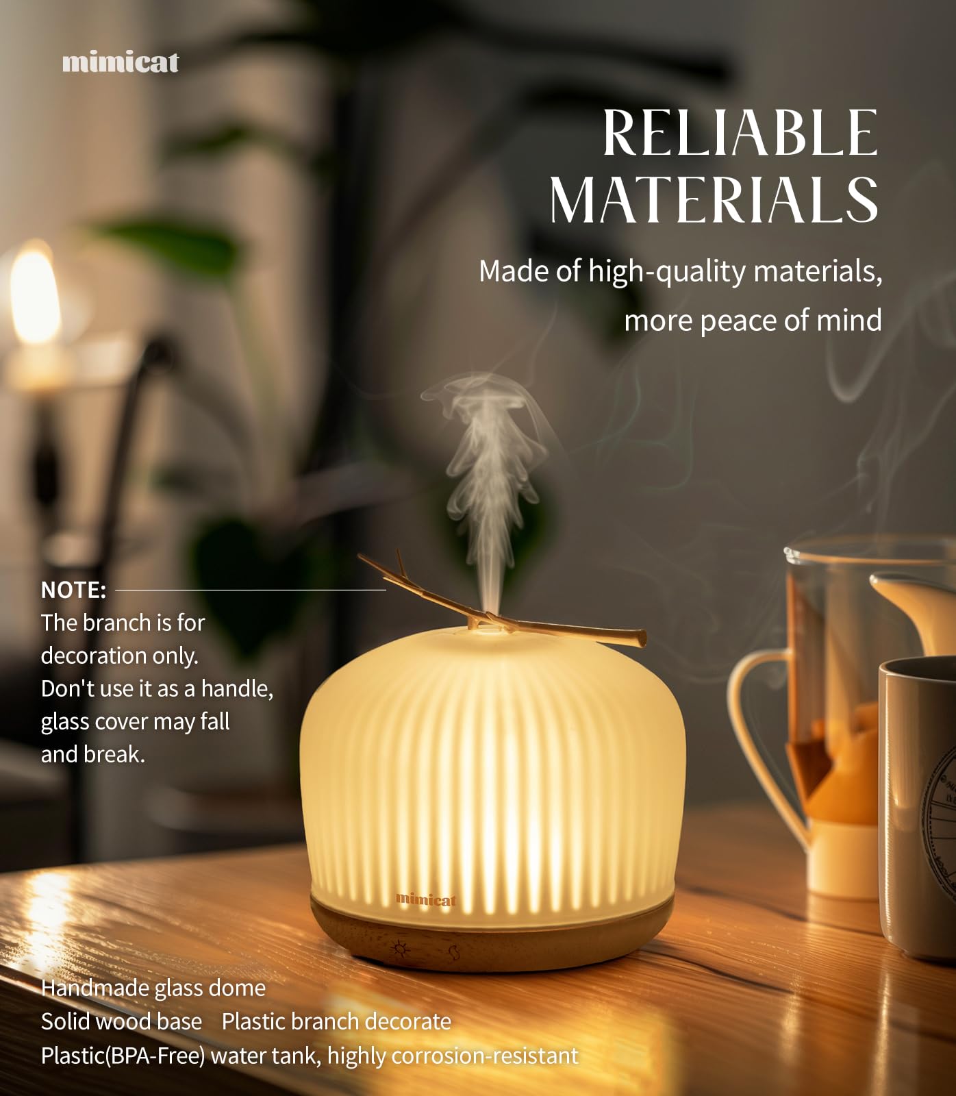 mimicat Quiet Aromatherapy Diffuser Glass 230ML Ultrasonic Cool Mist with Night Light – Aesthetic for Women and Girls