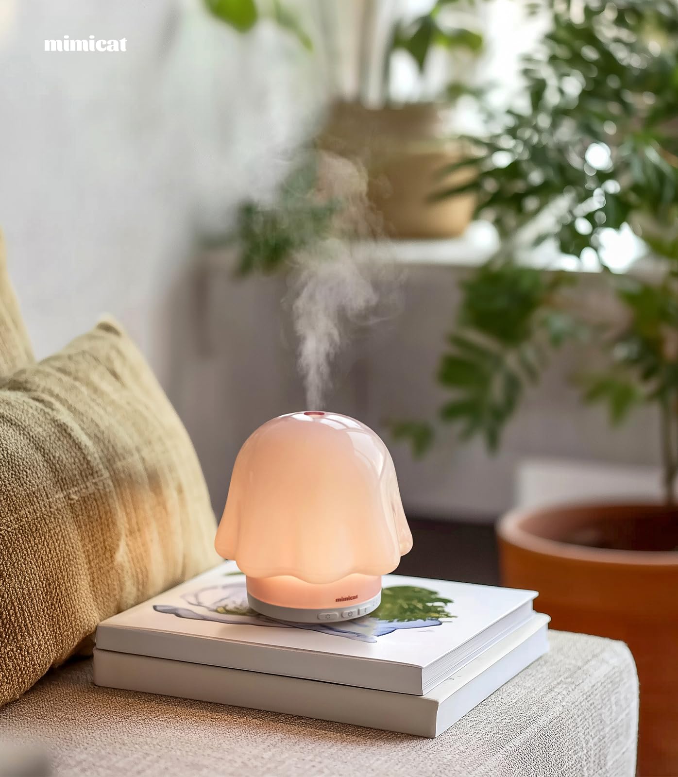 mimicat Essential Oil Diffuser — Glass Top, 120ml, Pink, Timer, Night Light