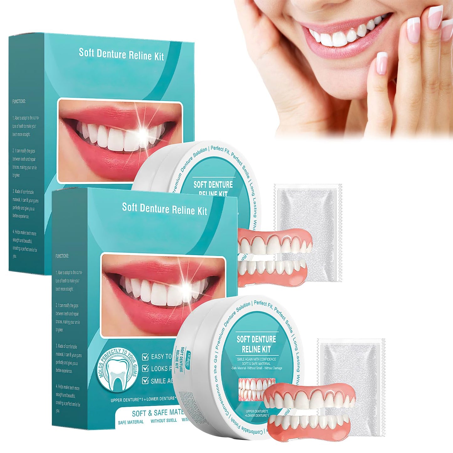 2Pcs Minceetbien Dentures - Silicone Reline, Adjustable Snap-In Upper & Lower Kit