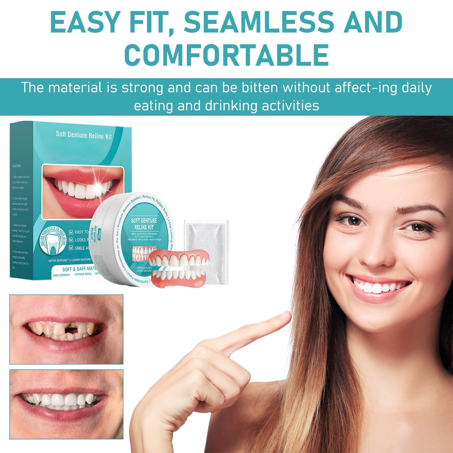 2Pcs Minceetbien Dentures - Silicone Reline, Adjustable Snap-In Upper & Lower Kit