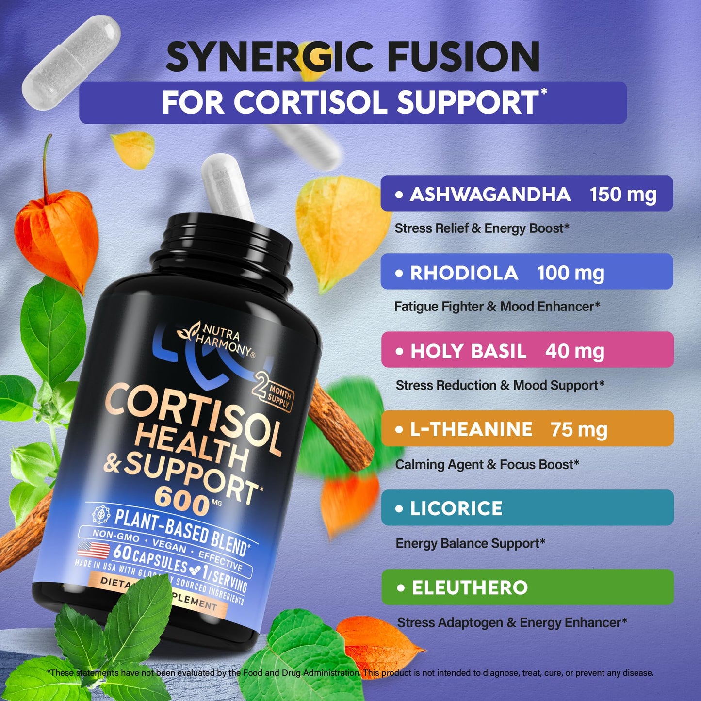 Cortisol Supplement for Women – Holy Basil, Ashwagandha, Rhodiola – Plant-Based Hormone Balance – 60 Capsules – Made in USA – Vegan, Non-GMO