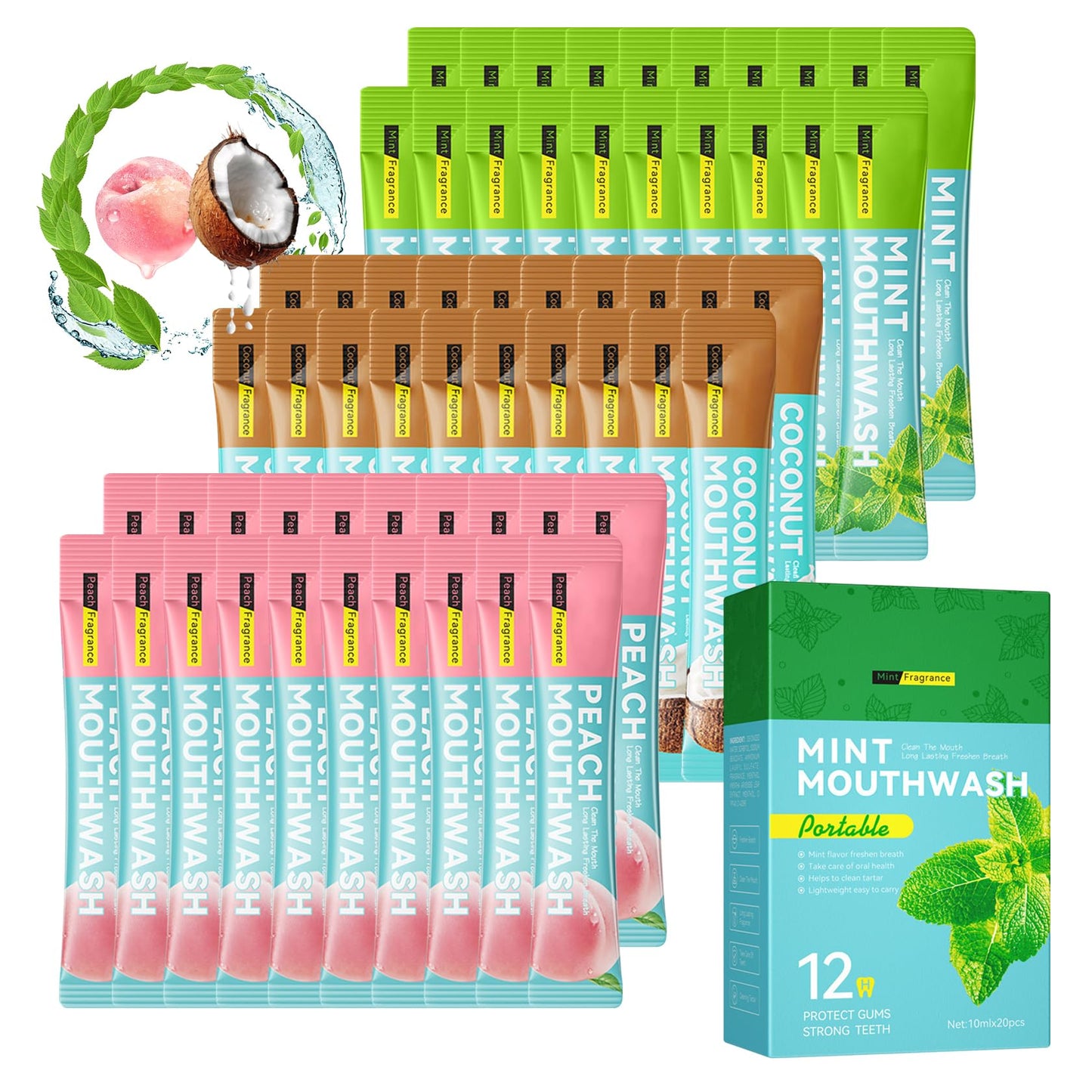 Mini Mouthwash Kit - Travel Size, Coconut Peach Mint, 60 Pack