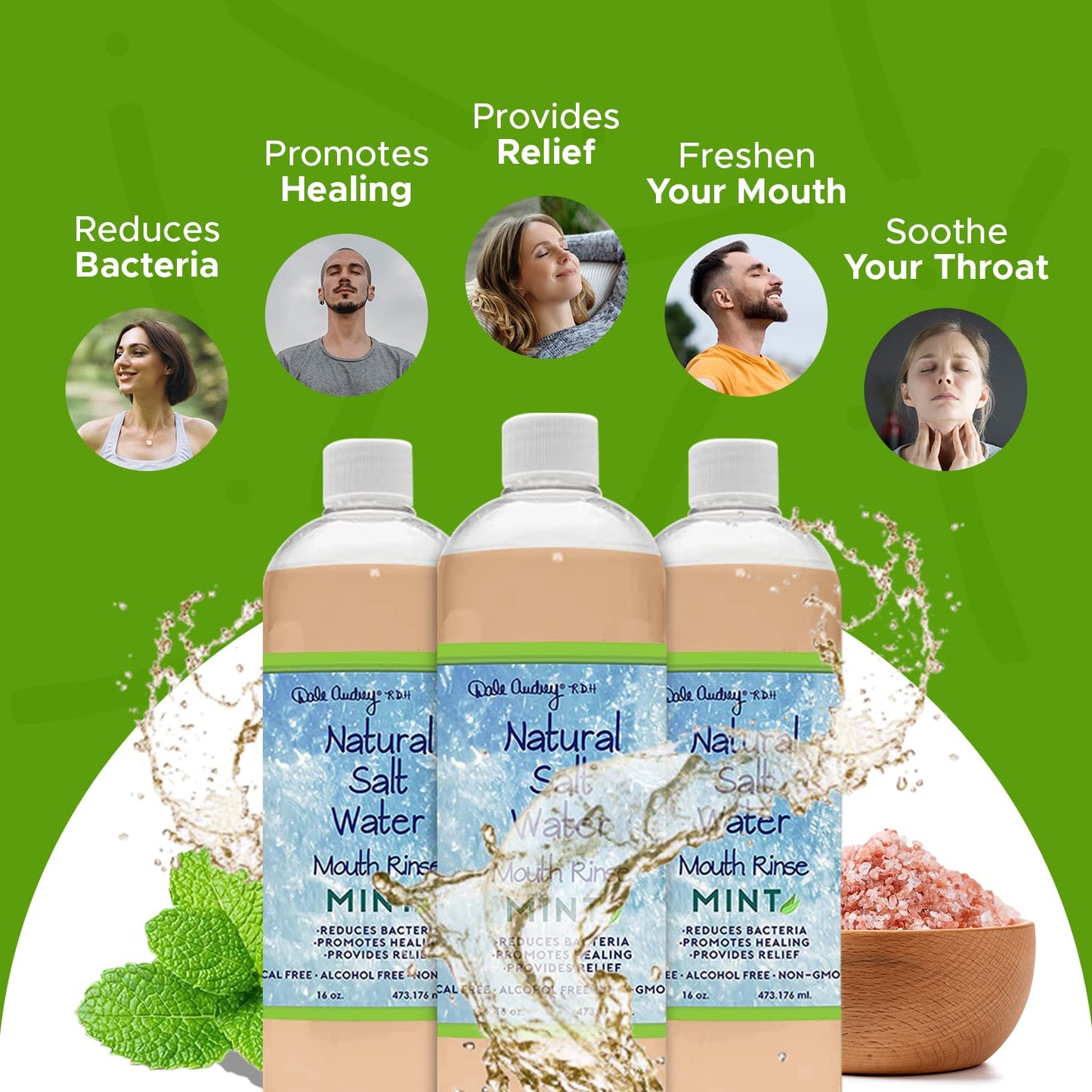 3 Pack Natural Saltwater Mouth Rinse – Himalayan Pink Salt, Mint Flavor, Fluoride & Alcohol Free, 16 fl oz