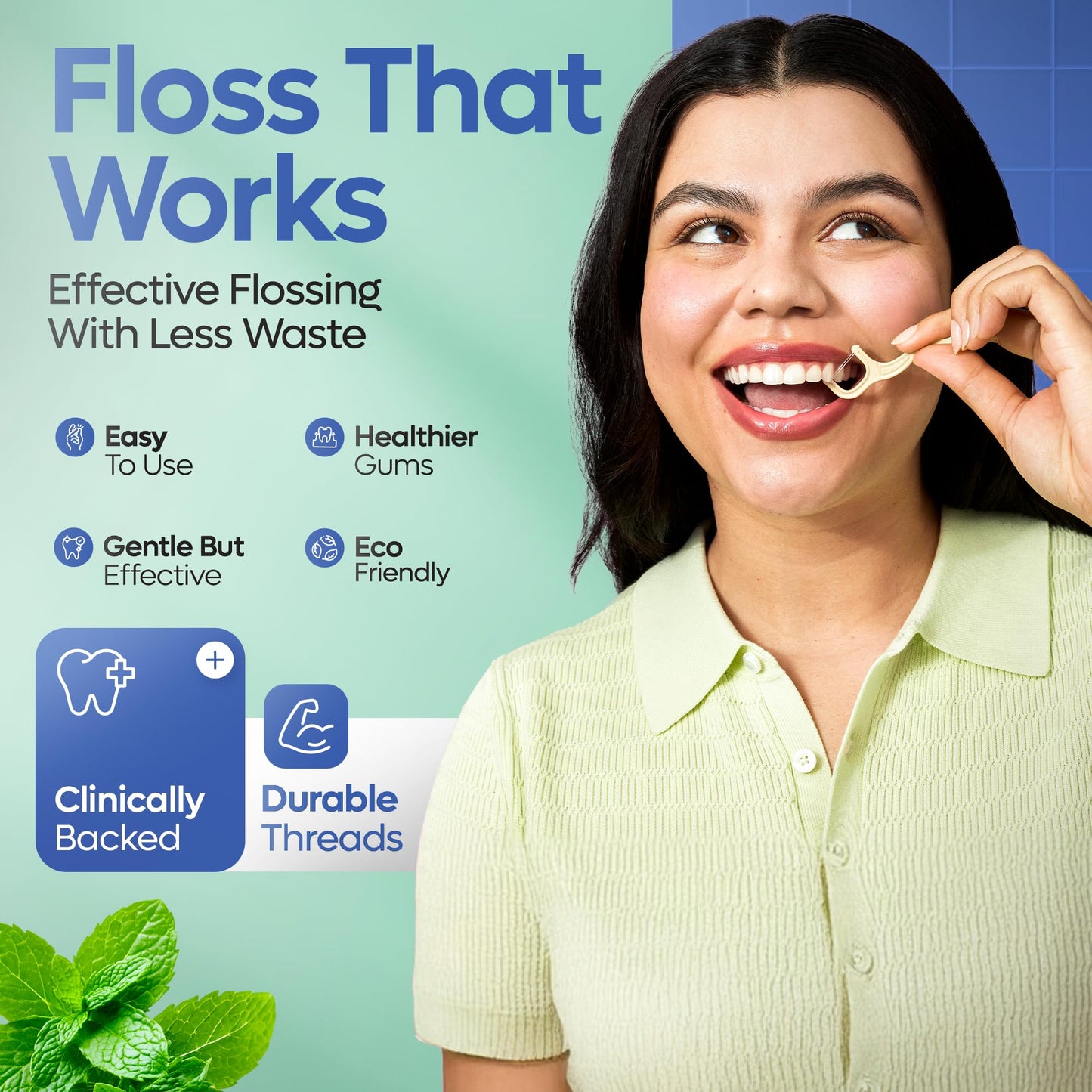 SmartLifeco Eco-Friendly Dual-Thread Dental Floss Picks (200ct) - Straw-Wheat Blend, Mint