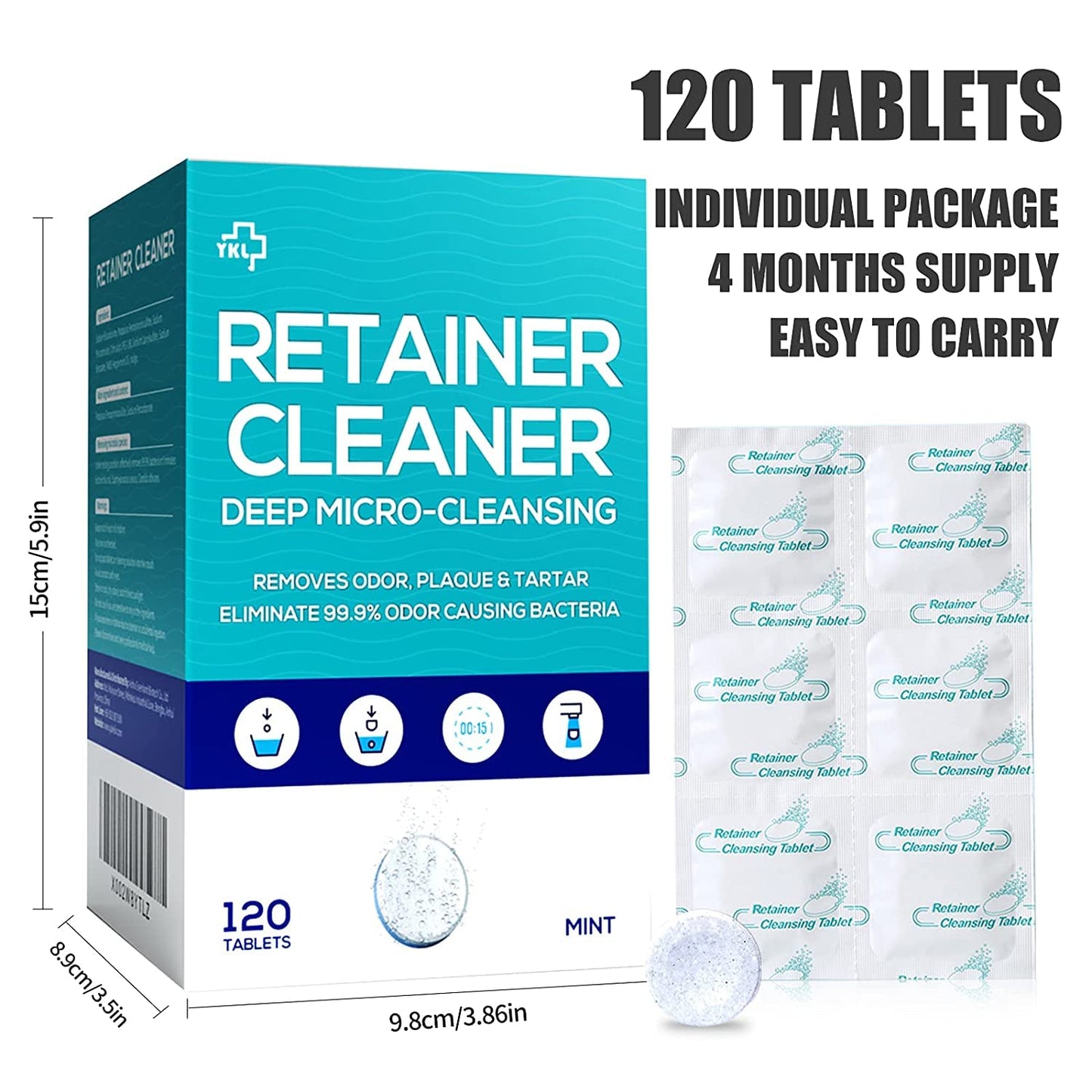 Y-Kelin Retainer & Denture Cleaner – 120 Tablets Mint for 4 Months | Removes Stains, Plaque & Odors