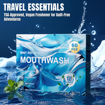 Portable Travel Mouthwash Packets – TSA-Approved 0.4oz, Alcohol-Free, Fluoride-Free, 60 Count
