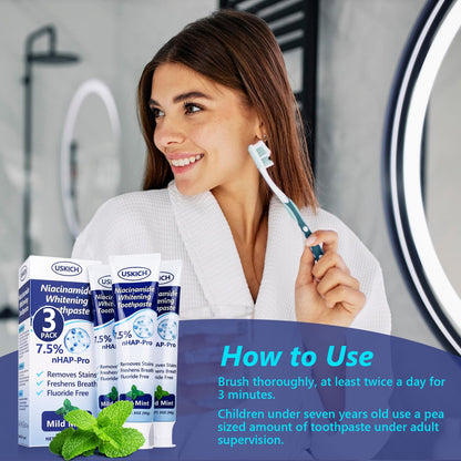 7.5% Nano-Hydroxyapatite Toothpaste 3 Pack – Fresh Breath Whitening, Remineralizes Enamel, Sensitive Relief, Antiplaque, Natural Peppermint, Fluoride-Free