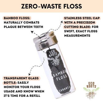 Natural Bamboo Dental Floss – Refillable Glass Jar + 3 Biodegradable Refills (33 yds) – Eco-Friendly, Vegan, Zero Waste