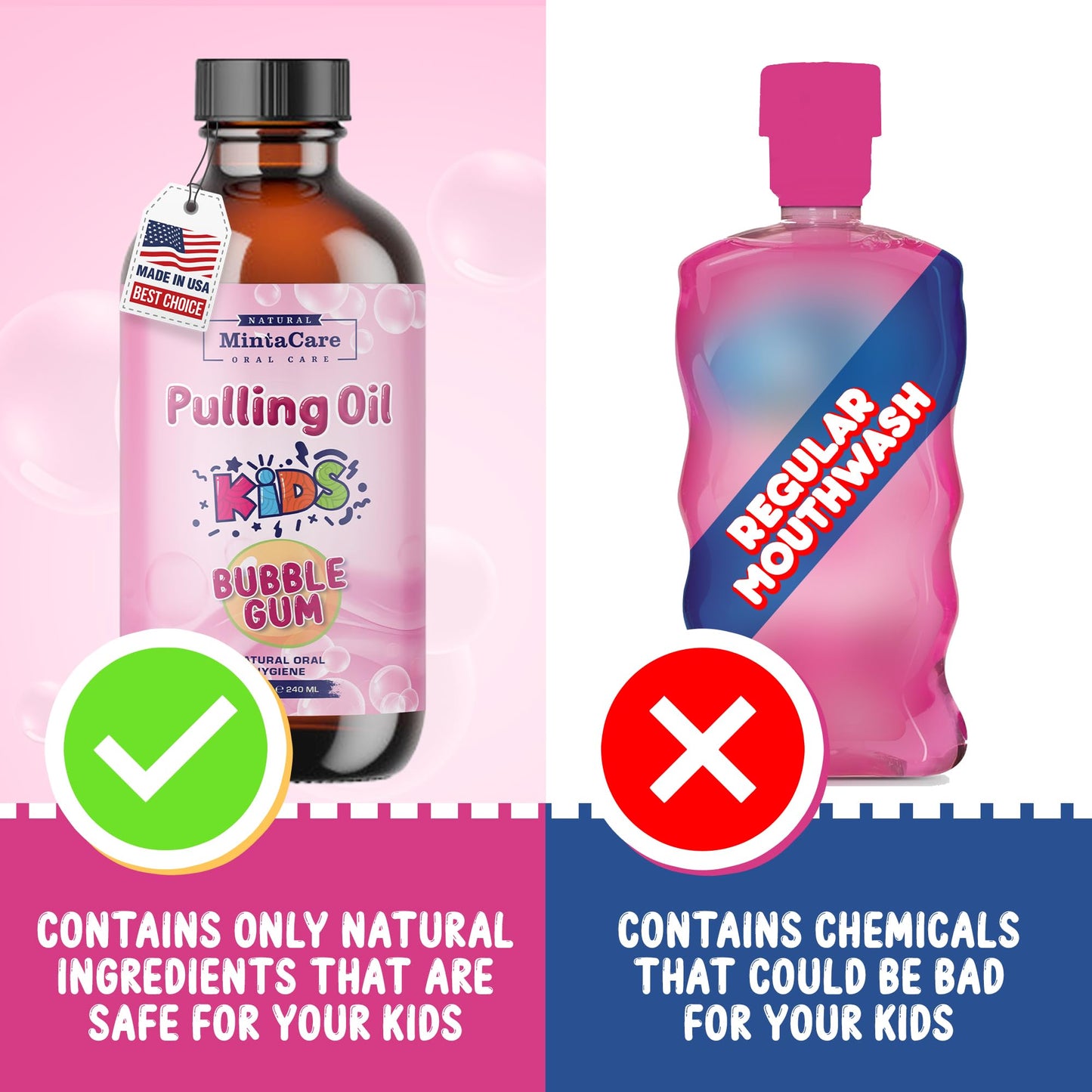 Mintacare All Natural Organic Oil Pulling for Kids – Bubble Gum Mouthwash, Fluoride & Alcohol Free, Made in USA, 8oz