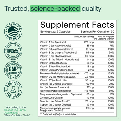 MIRA Prenatal Multivitamins for Women – Folate & Choline | 60 Capsules (30 Servings) | 1 Pack
