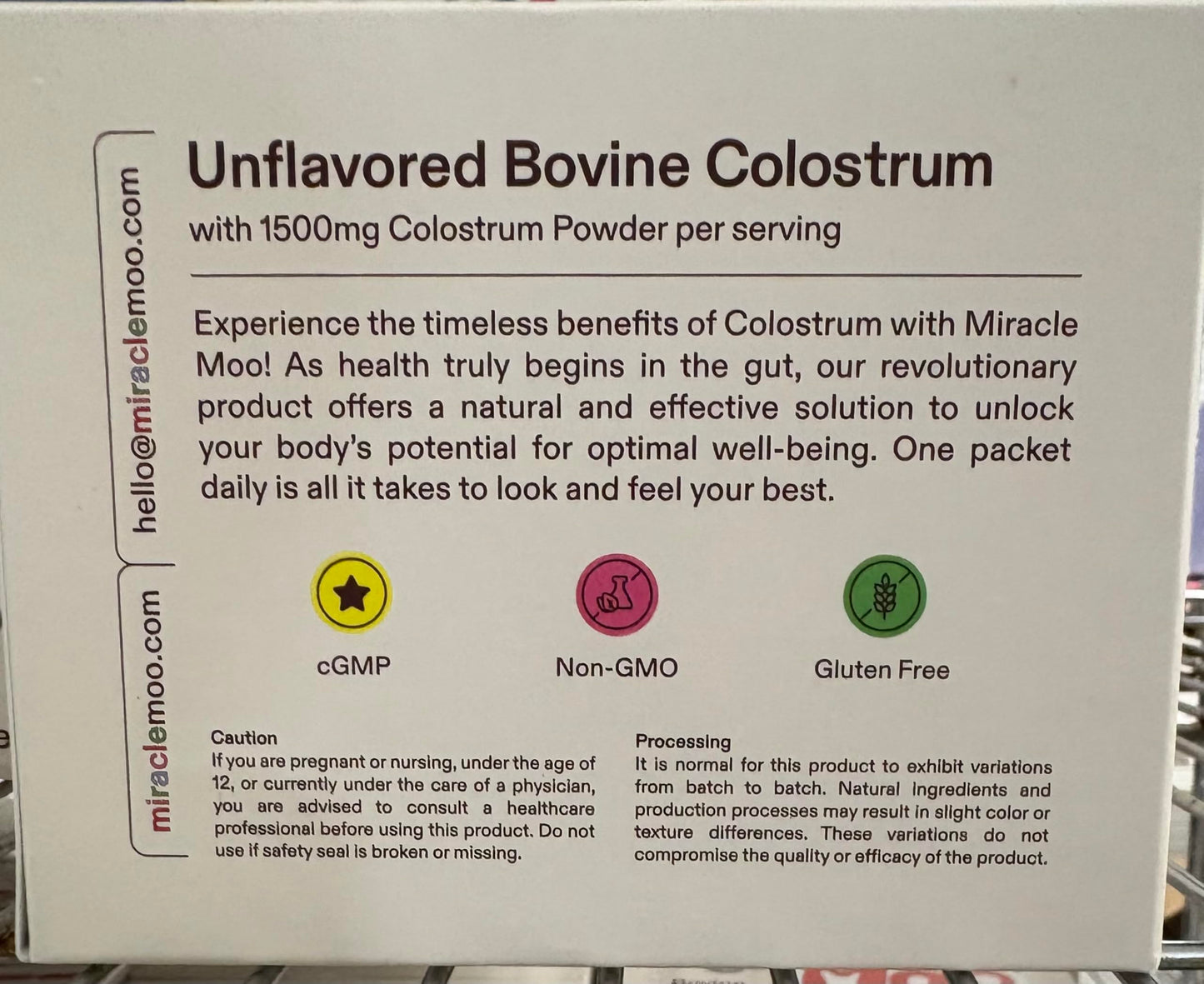 Miracle Moo Bovine Colostrum Supplement - 30 Unflavored Packets, 1500mg, Non-GMO, Gluten Free