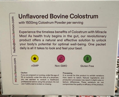 Miracle Moo Bovine Colostrum Supplement - 30 Unflavored Packets, 1500mg, Non-GMO, Gluten Free