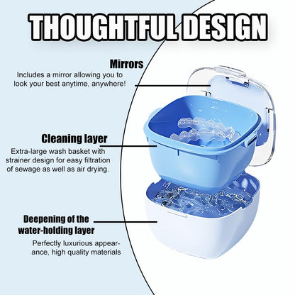 Denture Case & Retainer Cleaning Box – Large Capacity with Brush & Mirror