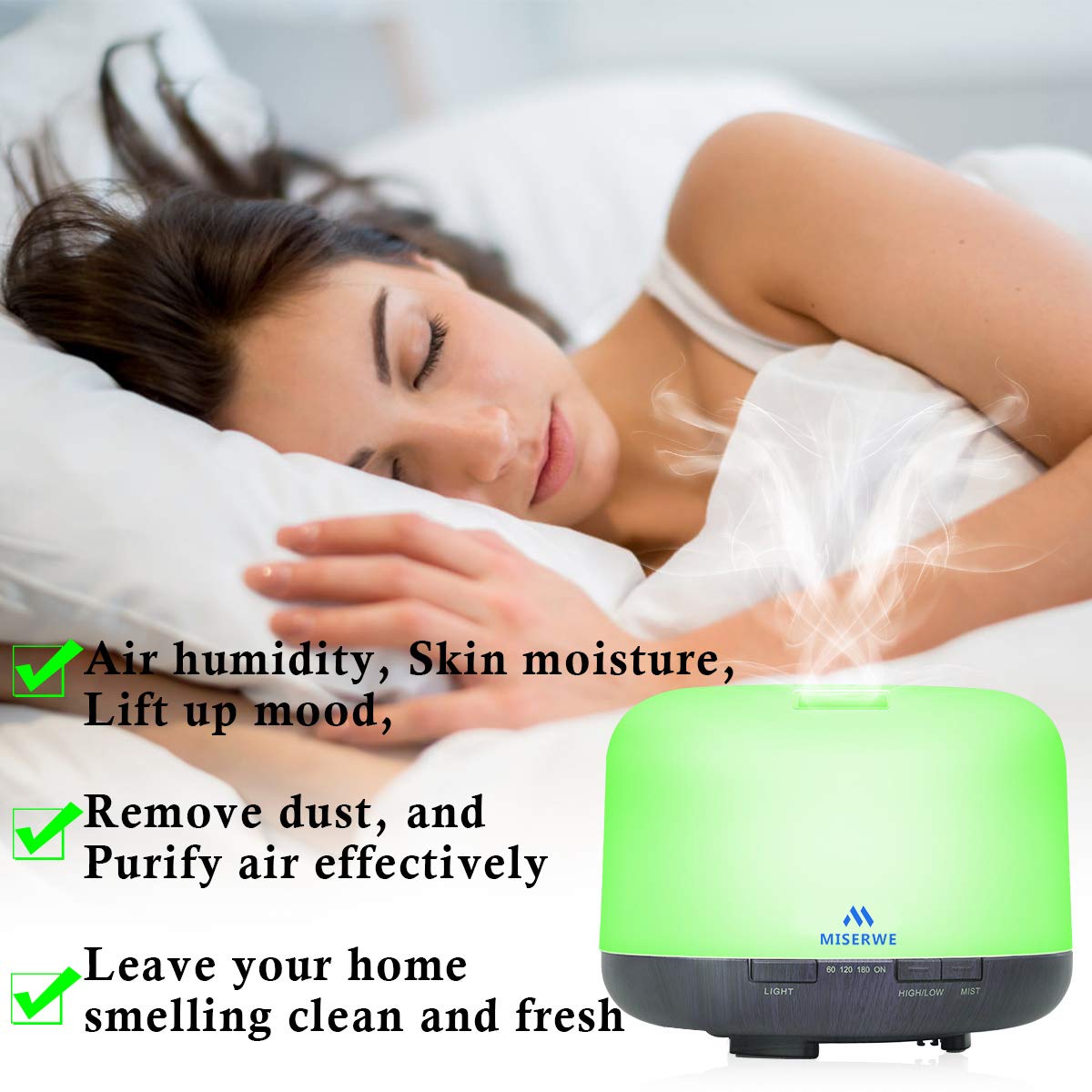 Miserwe 500ML Essential Oil Diffuser | Adjustable Mist, 4 Timer Settings, Auto Shut-Off