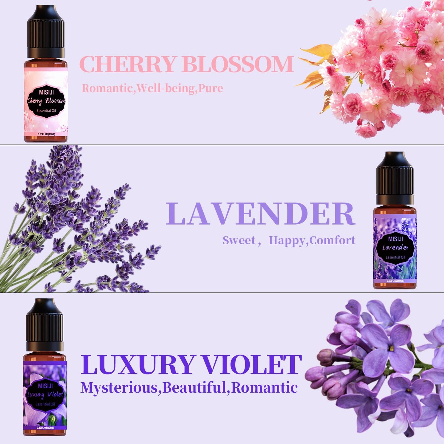 MISIJI Floral Essential Oils for Diffuser – 6x10mL (Cherry Blossom, Mystery Rose, Rosemary, Vanilla, Lavender, Luxury Violet)