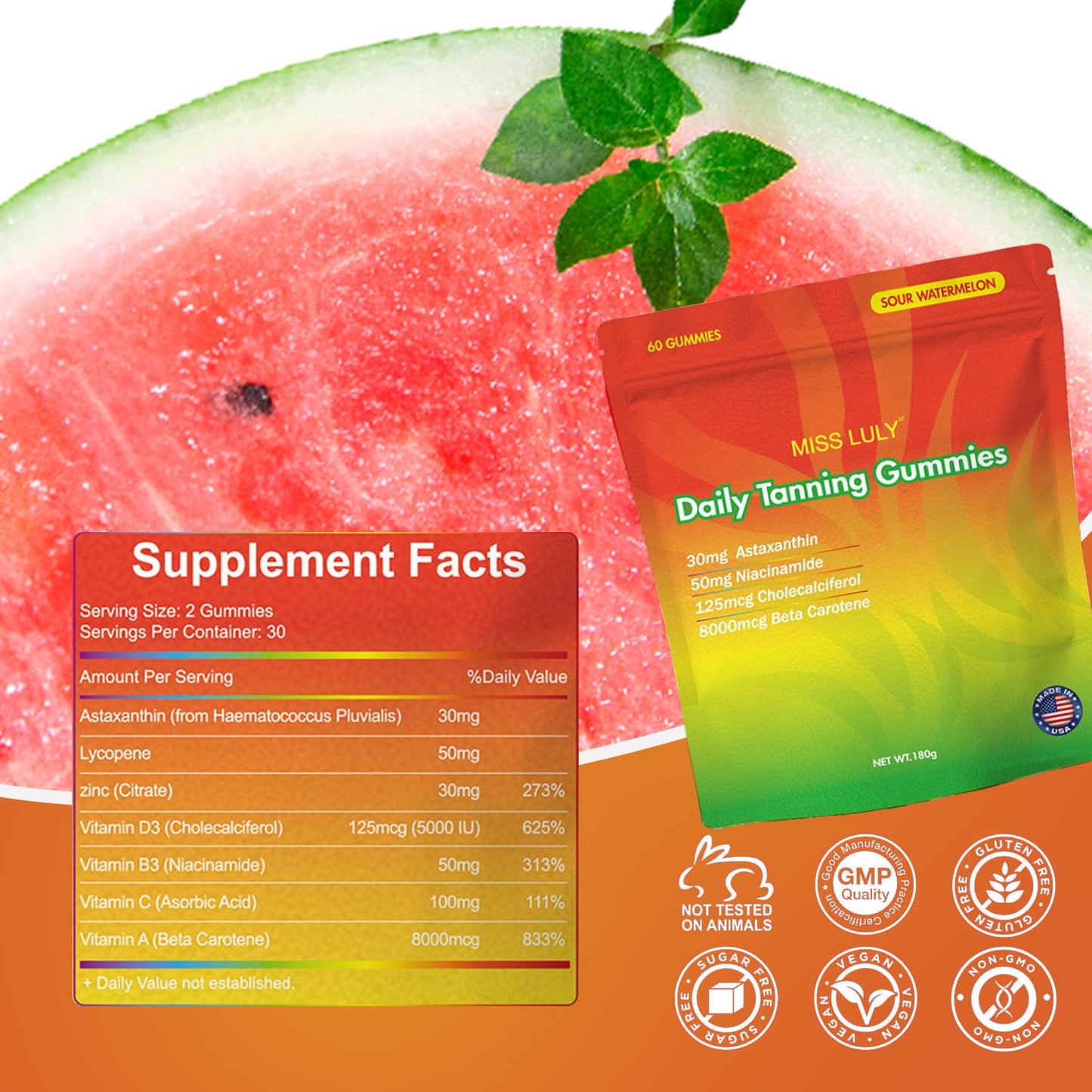 MISS LULY Daily Tanning Gummies - Sour Watermelon | Astaxanthin, Lycopene & Beta Carotene | Vegan & Gluten-Free