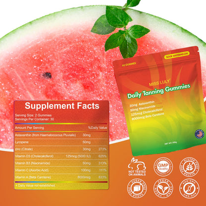 MISS LULY Daily Tanning Gummies - Sour Watermelon | Astaxanthin, Lycopene & Beta Carotene | Vegan & Gluten-Free