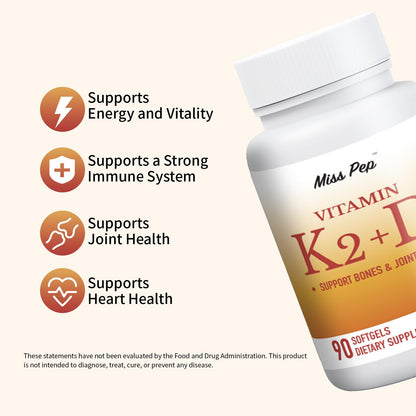 MISS PEP Vitamin D3 K2 5000 IU (MK-7) 90 Softgels - Immune & Bone Support