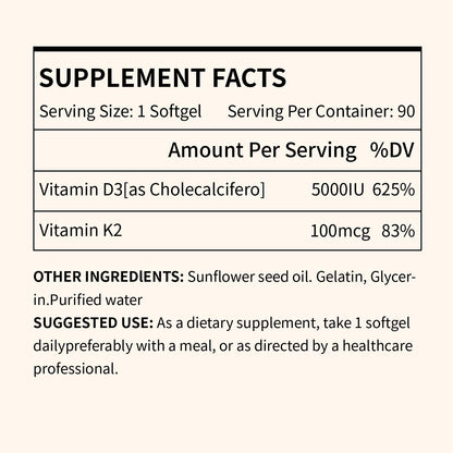 MISS PEP Vitamin D3 K2 5000 IU (MK-7) 90 Softgels - Immune & Bone Support