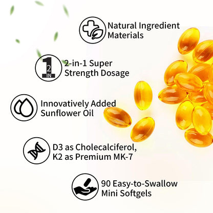 Miss Pep Vitamin D3 K2 5000 IU/100 mcg MK-7 – 90 Softgels with Sunflower Oil