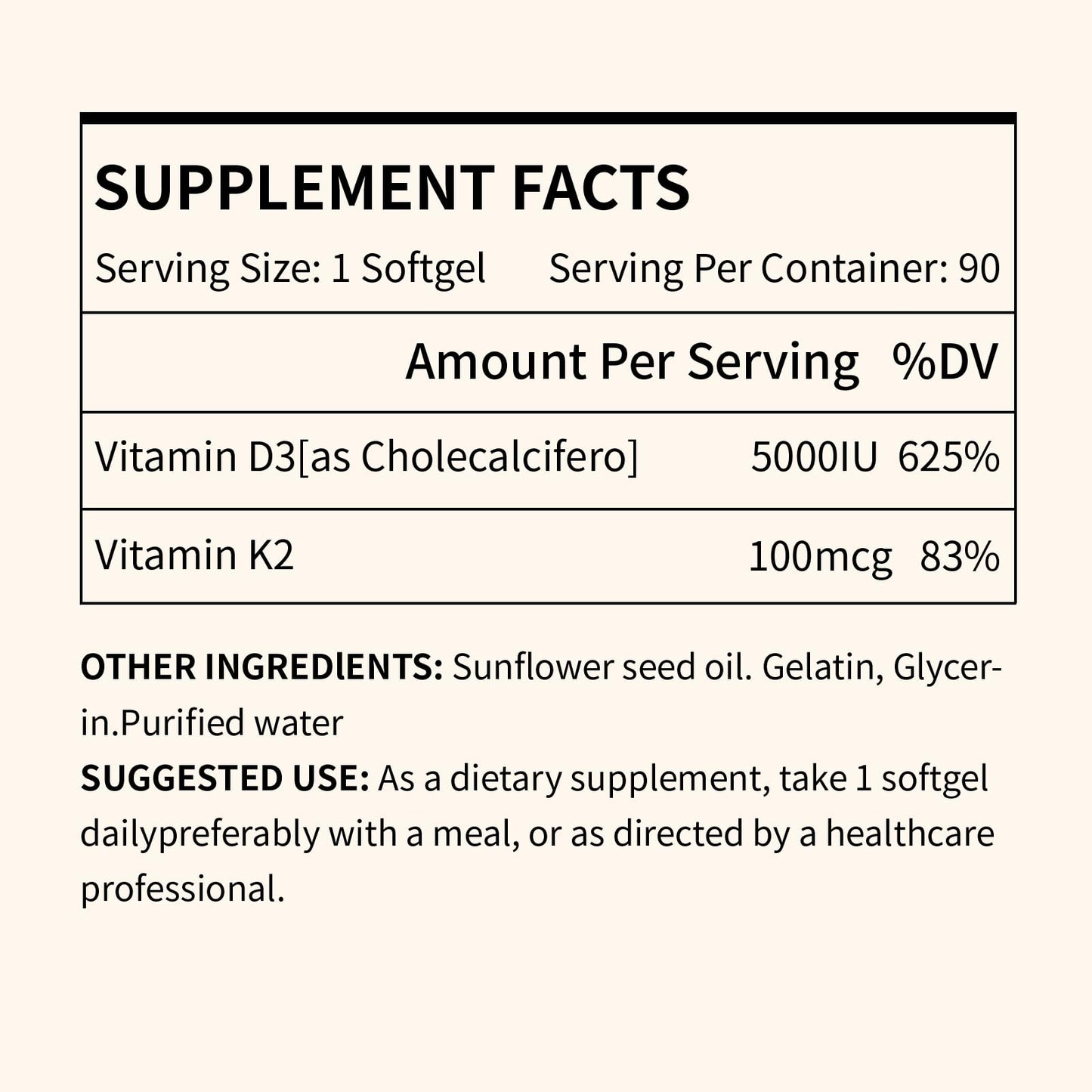 Miss Pep Vitamin D3 K2 5000 IU/100 mcg MK-7 – 90 Softgels with Sunflower Oil