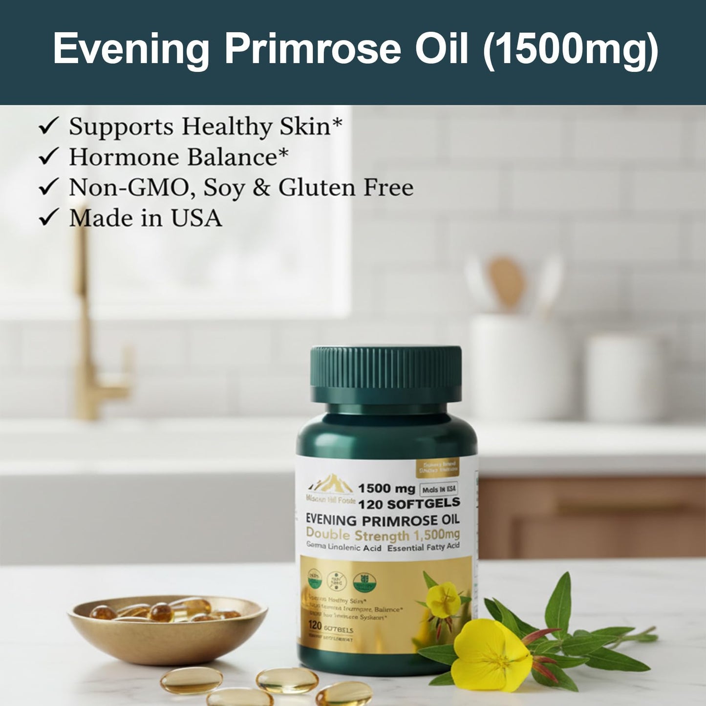 Mission Hill Foods 1500mg Evening Primrose Oil Capsules for Women | Hormonal Balance & Skin Health (2-Month Supply)