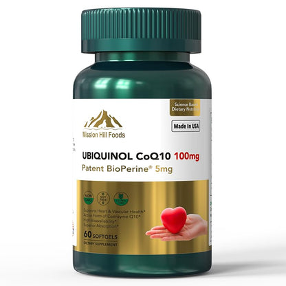 Mission Hill Foods Ubiquinol CoQ10 + BioPerine 100mg – Heart Health Antioxidant, 60 Softgels (2-Month Supply) | Non-GMO & Gluten Free