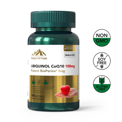 Mission Hill Foods Ubiquinol CoQ10 + BioPerine 100mg – Heart Health Antioxidant, 60 Softgels (2-Month Supply) | Non-GMO & Gluten Free
