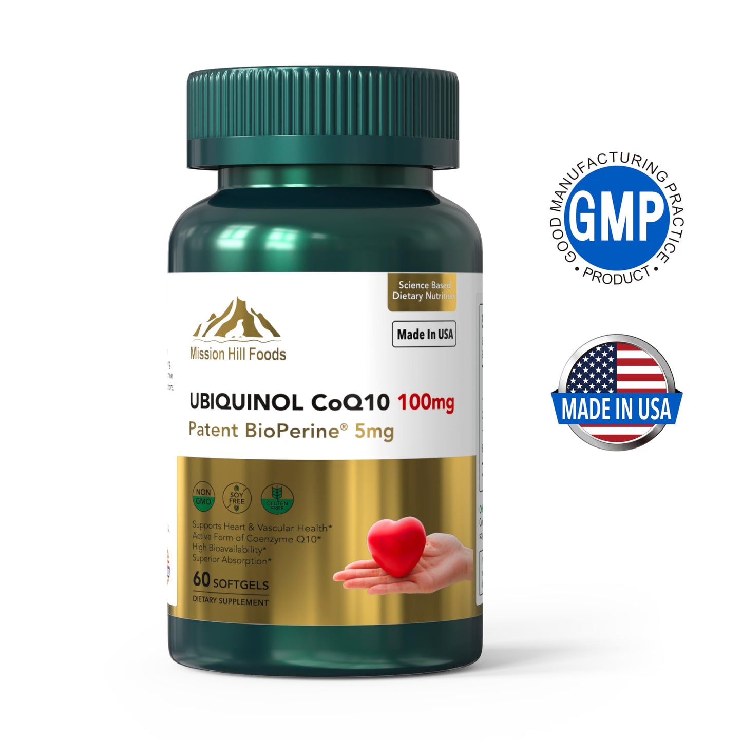 Mission Hill Foods Ubiquinol CoQ10 + BioPerine 100mg – Heart Health Antioxidant, 60 Softgels (2-Month Supply) | Non-GMO & Gluten Free