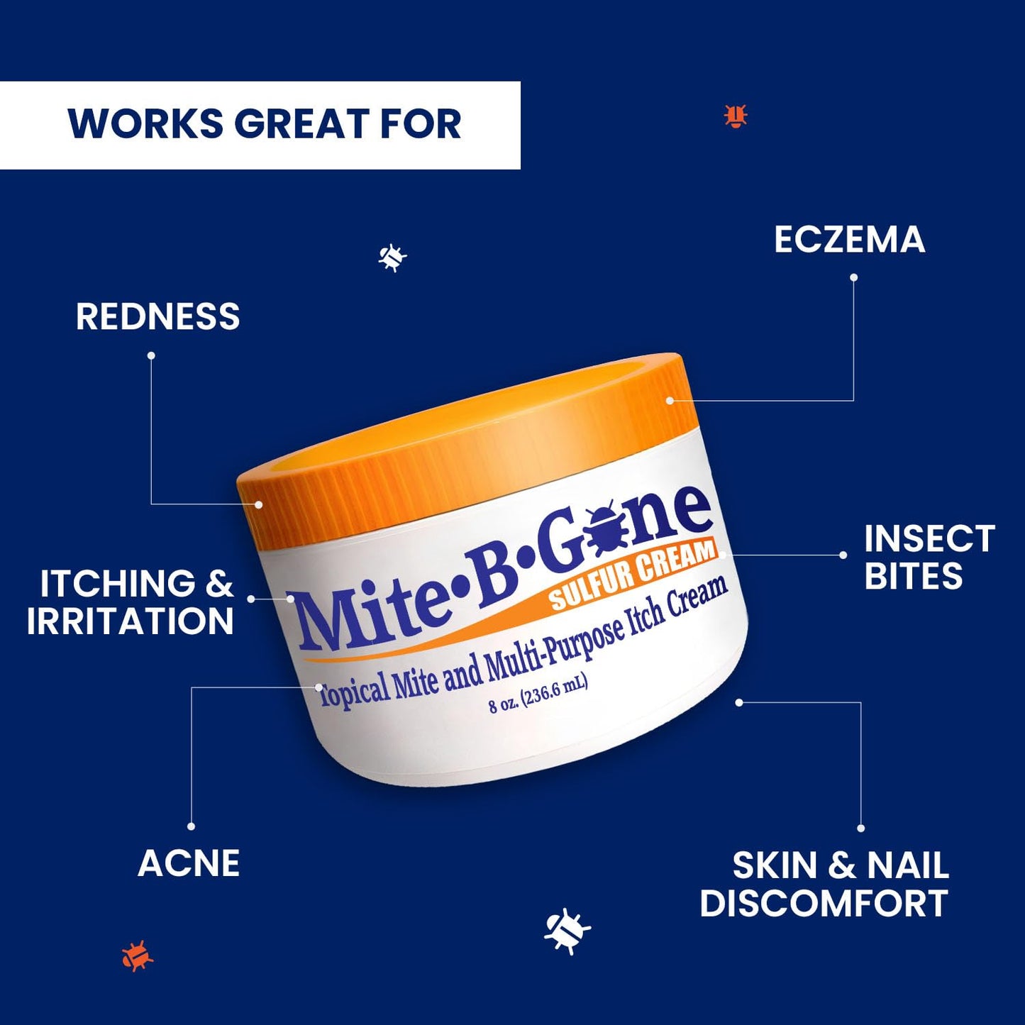 Mite-B-Gone Mite Cream & Bite Relief – Natural Sulfur for Bites & Itching | Safe for All Ages | 8 oz