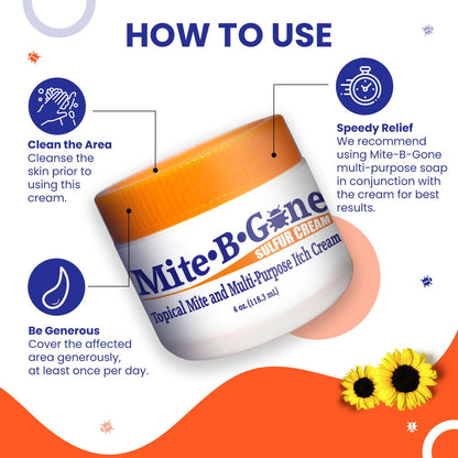 Mite-B-Gone Mite Cream & Bite Relief - Natural Sulfur Cream for Itch & Redness | Safe for Kids & Adults | 4 oz