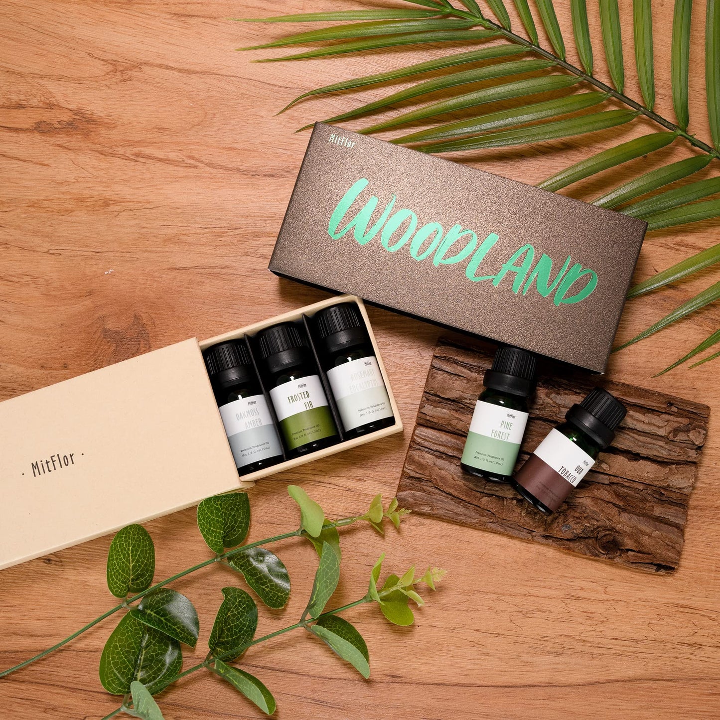 MitFlor Woodland Fragrance Oils – 6x10ml Scented Essential Oils for Diffusers, Candles, Soaps (Pine Forest, Cedarwood, Oakmoss Amber, Frosty Fir, Rosemary Eucalyptus, Oud Tobacco)