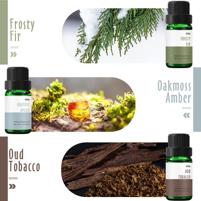 MitFlor Woodland Fragrance Oils – 6x10ml Scented Essential Oils for Diffusers, Candles, Soaps (Pine Forest, Cedarwood, Oakmoss Amber, Frosty Fir, Rosemary Eucalyptus, Oud Tobacco)