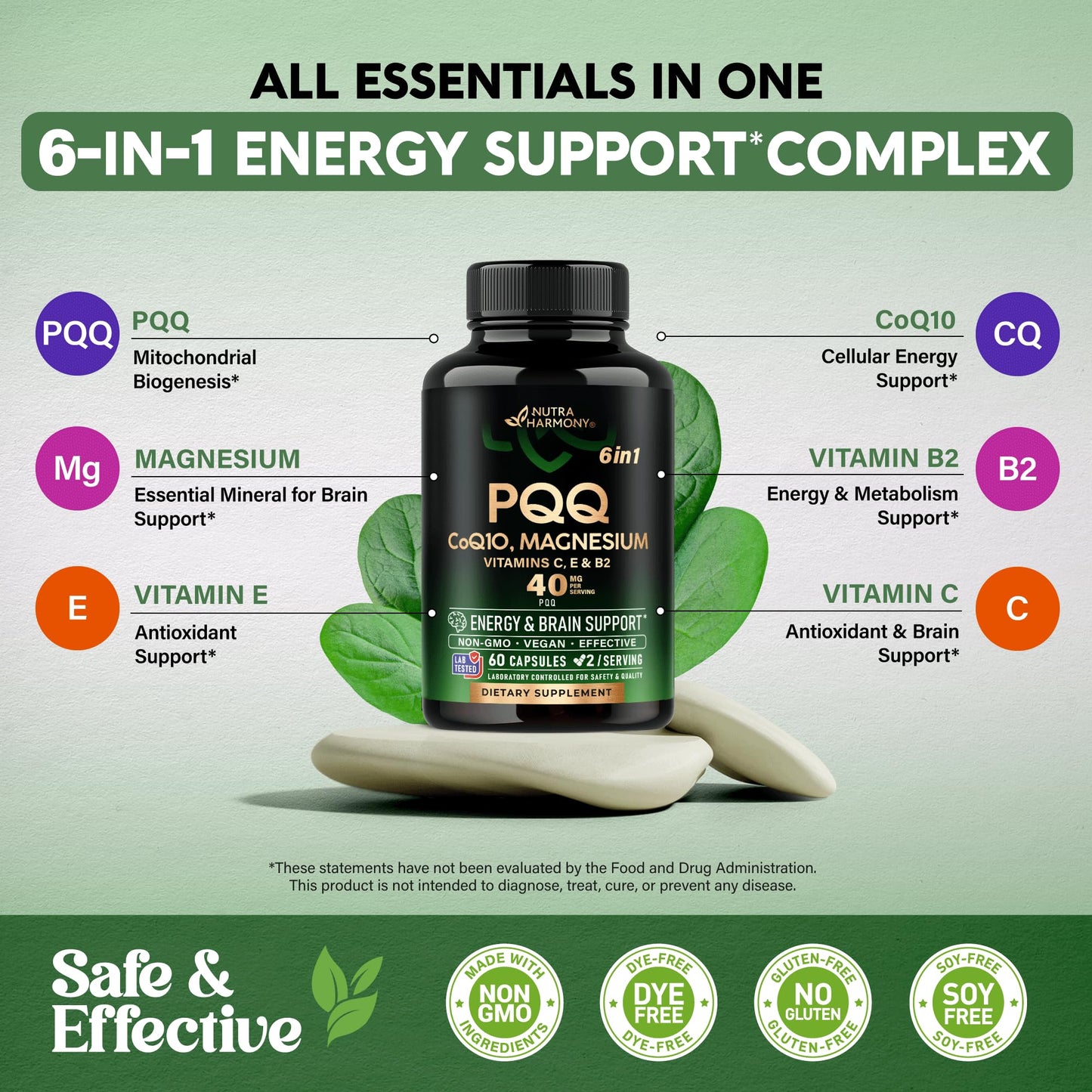 PQQ 40 mg with CoQ10 – Mitochondrial Biogenesis & Energy | 60 Capsules | USA Made