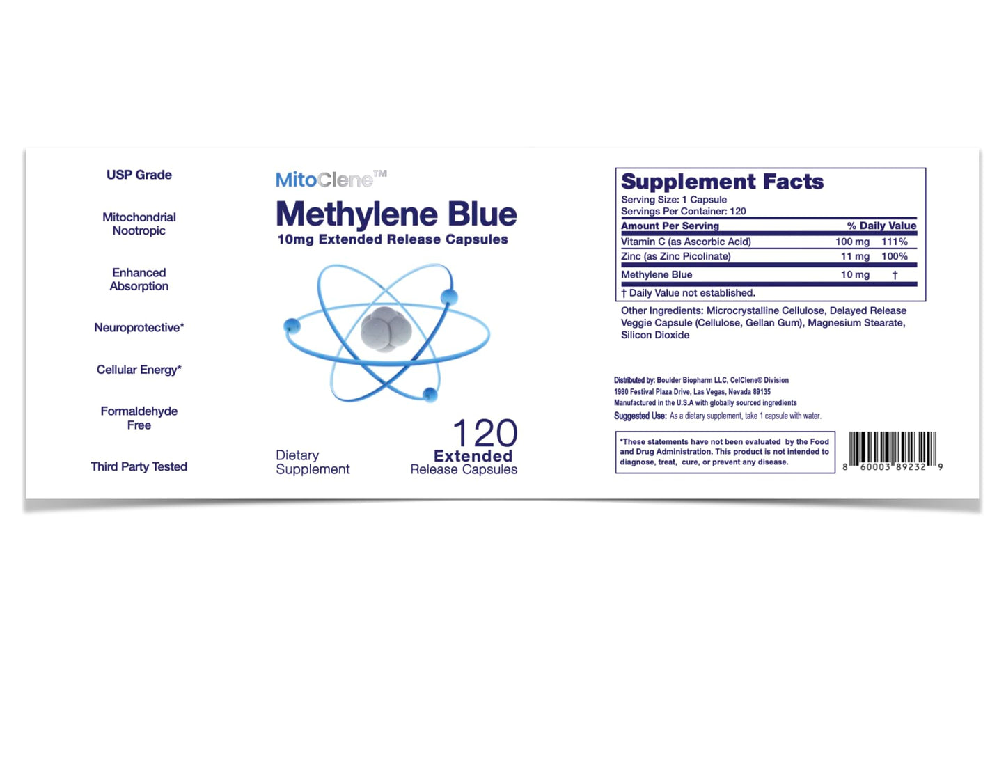 MitoClene 10mg Methylene Blue Capsules – Extended Release, 120 Count, Vitamin C & Zinc Picolinate